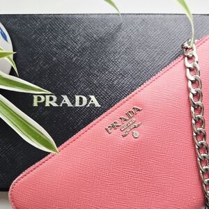 Authentic PRADA‎ Full Zip Around Long Wallet Woc Clutch Crossbody Pink Leather